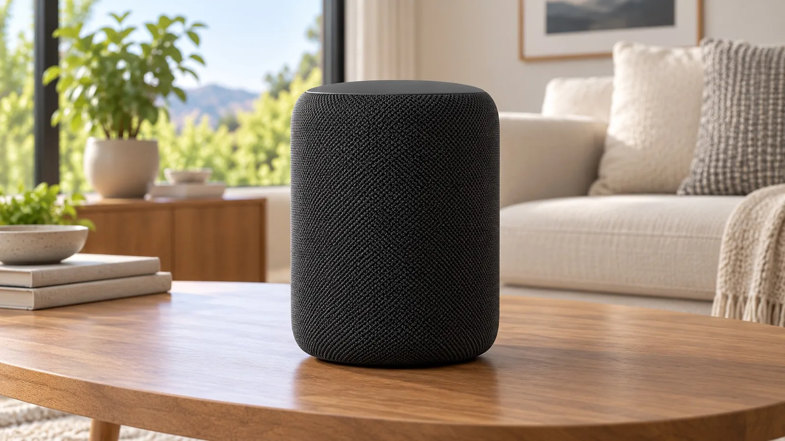 The Alexsay speaker, a charcoal fabric cylinder, on a wooden side table at home
