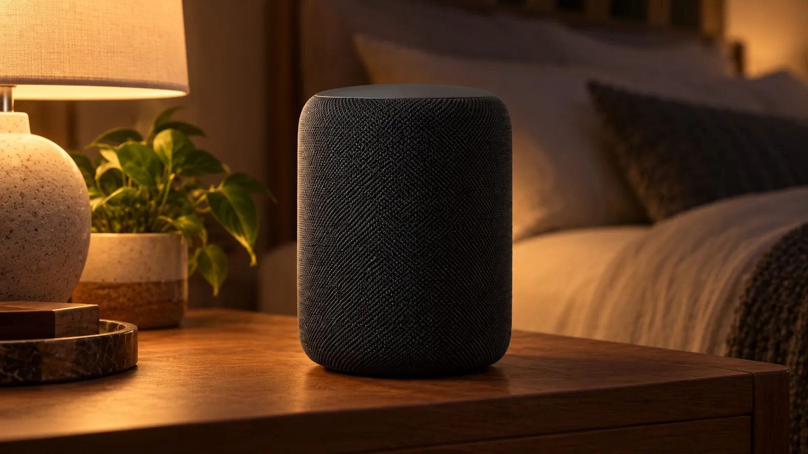 The Alexsay speaker, a charcoal fabric cylinder, on a wooden side table at home